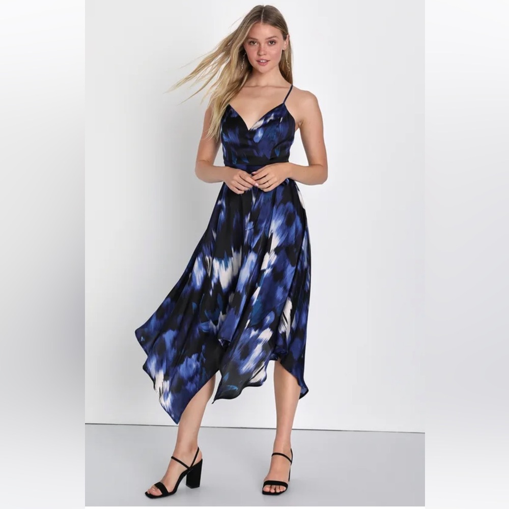 Lulus Charismatic Aura Blue Abstract Handkerchief Hem Midi Dress